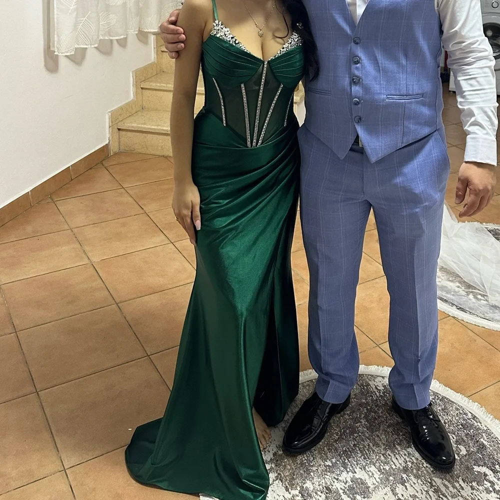 Emerald Green Satin Embellished Corset Evening Dress - Picture 7 of 7